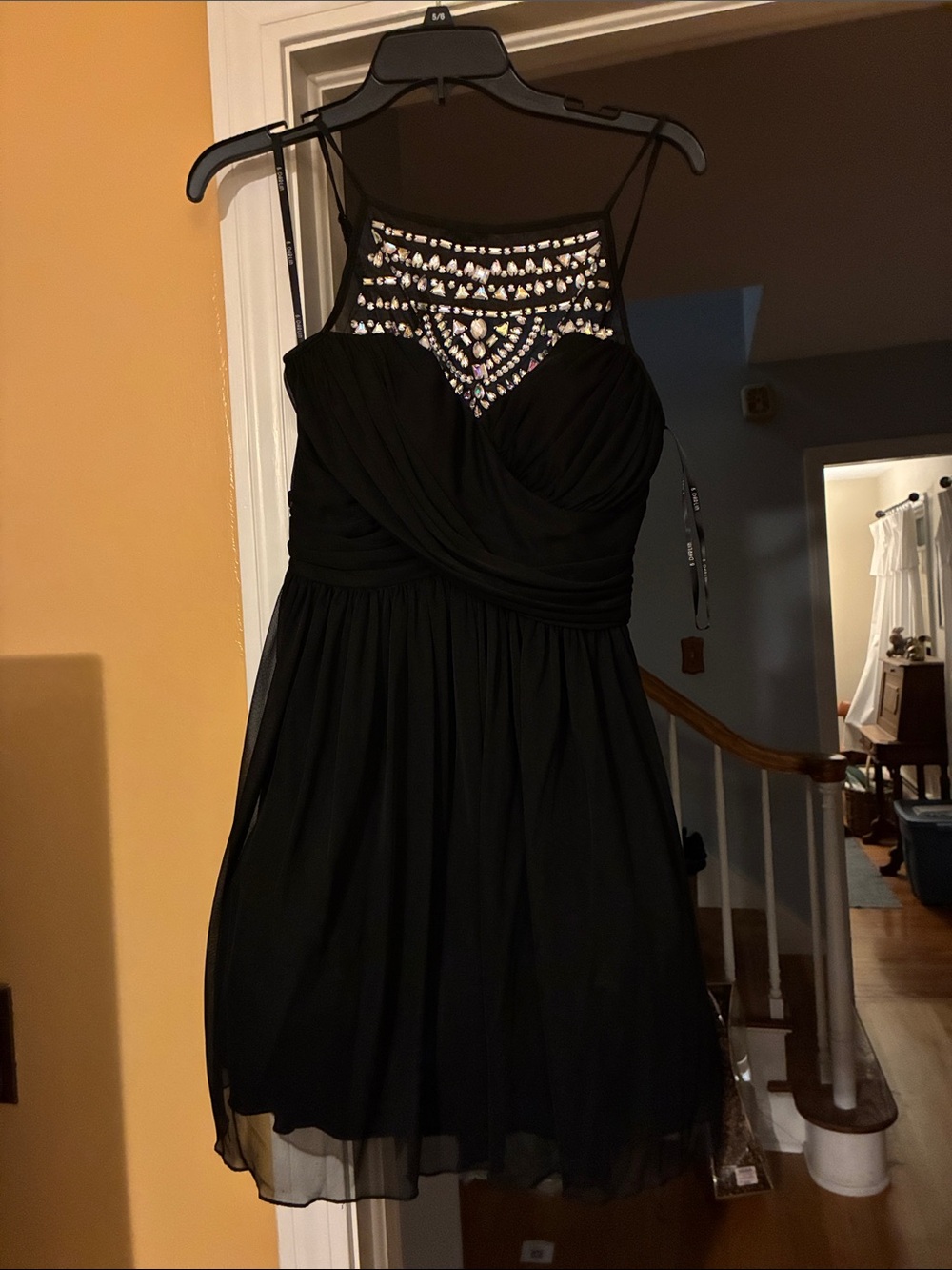 B Darlin Black Cocktail Dress with Beaded Illusion Yoke